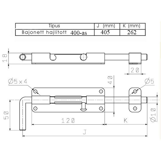 Bajonett tolózár hajlított keskeny 400 mm